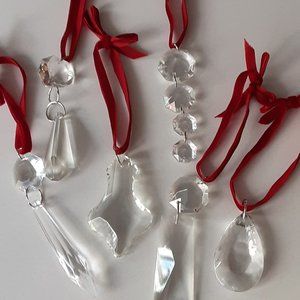 Pottery Barn Crystal Holiday Ornaments with Red Velvet Ribbon